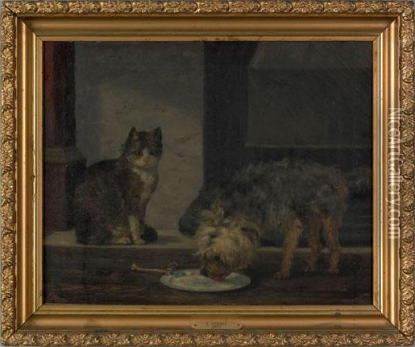 Oil Oncanvas Of A Cat And Dog Oil Painting - Edwin Augustus Moore