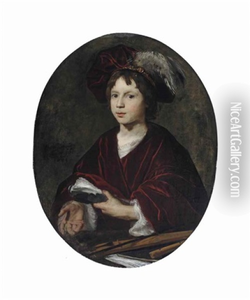 Portrait Of A Young Boy, Half-length, In A White Chemise, Red Velvet Drapery And A Feathered Velvet Beret, A Pochette, A Soprano Recorder And Sheet Music On A Ledge Before Him Oil Painting - Bartholomeus Van Der Helst