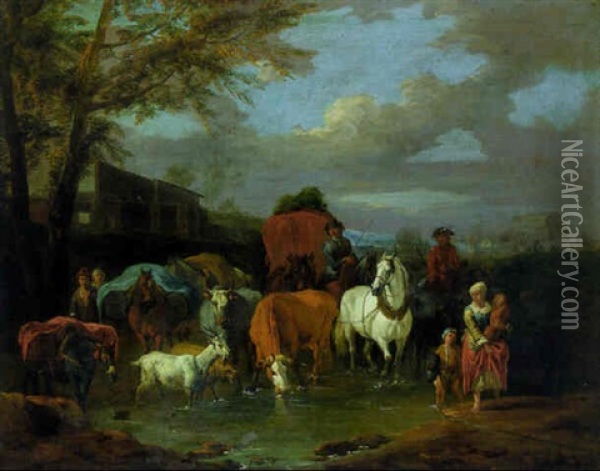 Drovers With Cattle And Goats Fording A Stream Oil Painting - Pieter van Bloemen