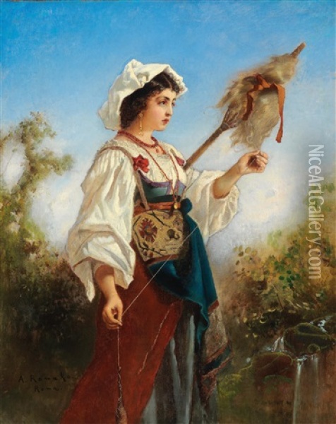 Roman Woman Spinning Oil Painting - Anton Romako