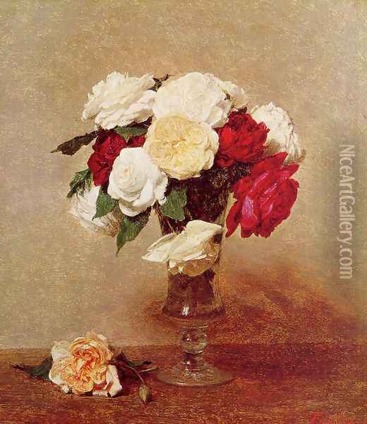 Roses in a Stemmed Glass Oil Painting - Ignace Henri Jean Fantin-Latour