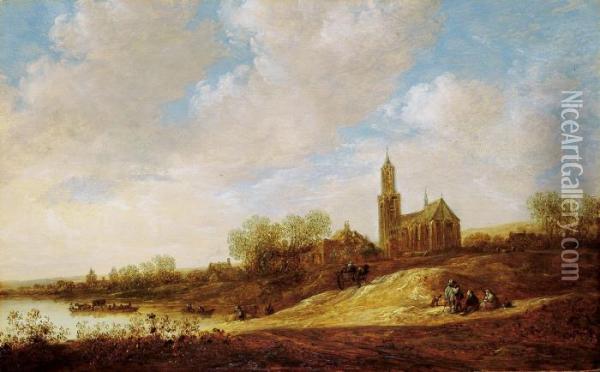 Flusslandschaft Mit Kirche Und Hausern. Oil Painting - Jan van Goyen