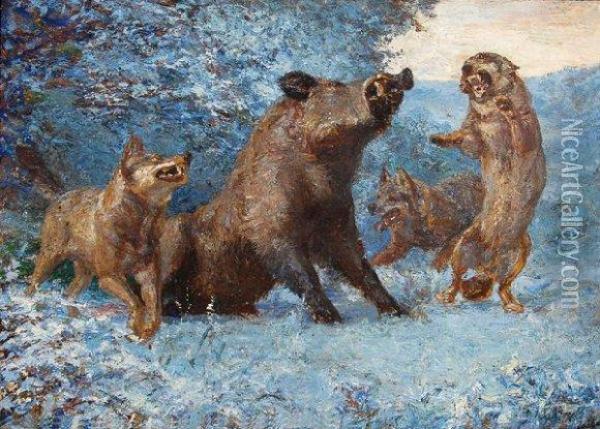 Sanglier Attaque Par Des Loups. Oil Painting - Rene Herisson