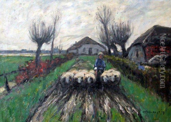 Landschaft Mit Bauernhausern Und Schafherde Oil Painting - Helmut Liesegang