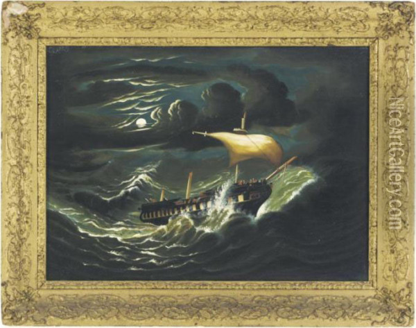 Storm-tossed Frigate In Moonlight Oil Painting - Thomas Chambers