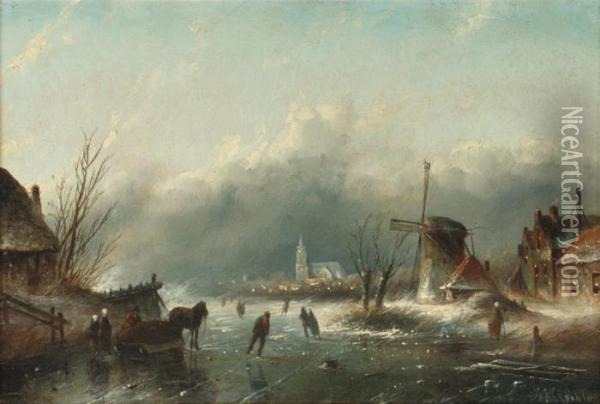 A Frozen Waterway In A Dutch Town Oil Painting - Jan Jacob Coenraad Spohler