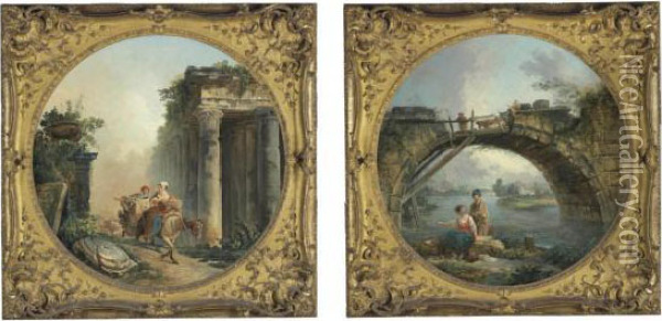 The Ruins; And The Old Bridge Oil Painting - Hubert Robert