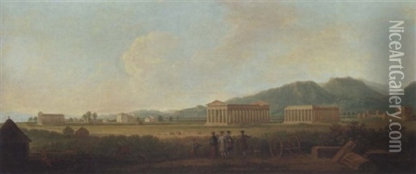 A View Of Paestum, With Grand Tourists In The Foreground Oil Painting - Gabriele Ricciardelli