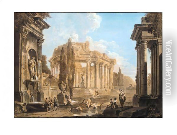 Architectural Landscape With Figures Amongst Classical Ruins Oil Painting - Louis Marin Bonnet