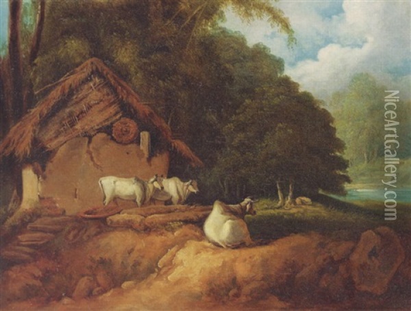 Cows In A Bengali Landscape Oil Painting - George Chinnery