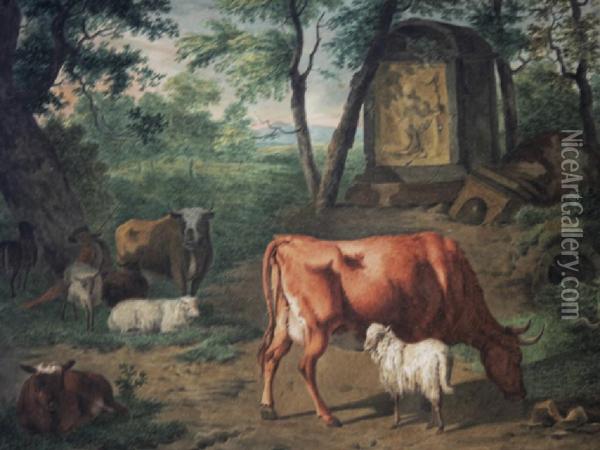 Shepherd With Cattle And Sheep By A Stone Ruin Oil Painting - Pieter Dam