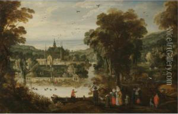 A Landscape With A Moated Palace, And Figures Awaiting The Ferry On The Near Side Oil Painting - Philippe I De Momper