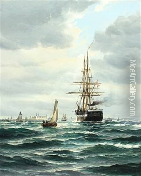 Seascape With Fregatten Jylland And Sailing Ships Off Kronborg Oil Painting - Vilhelm Victor Bille