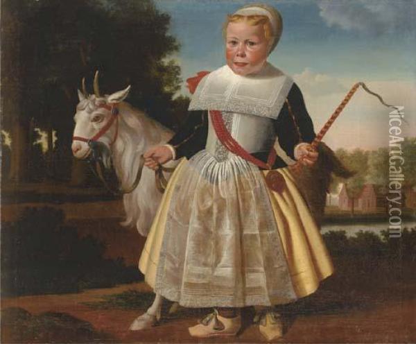 Portrait Of A Young Girl, Standing Full-length, In A Landscape,holding A Tethered Goat With Her Right Hand And A Whip In Her Lefthand Oil Painting - Wybrand Simonsz. de Geest