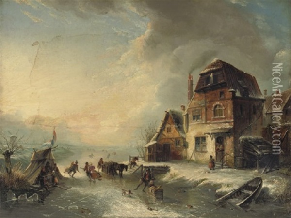 Skating On The Ice On A Winter's Day Oil Painting - Jan Baptiste Tetar van Elven