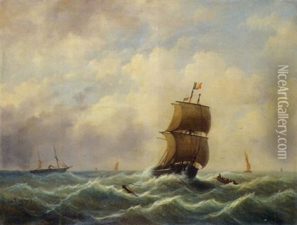 A Tall Ship In Choppy Waters Oil Painting - Egidius Linnig