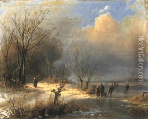 A Wooded River Landscape With Skaters On A Frozen River Oil Painting - Johann Bernard Klombeck