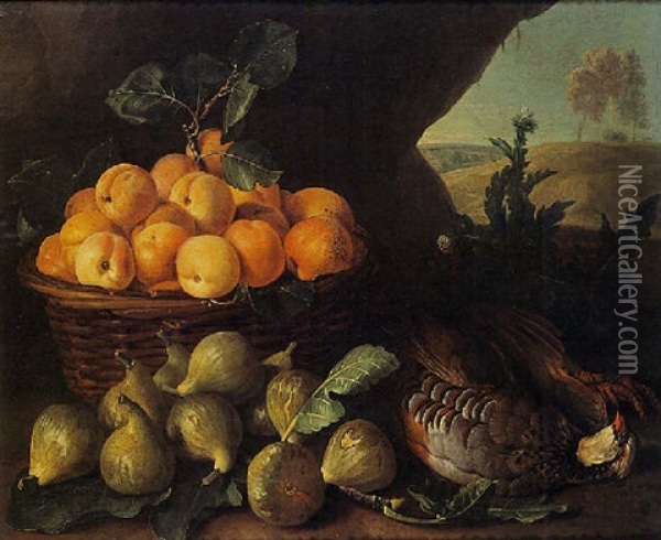 Panier D'abricots, Figues Et Perdrix Sur Fond De Paysage Oil Painting - Alexandre Francois Desportes