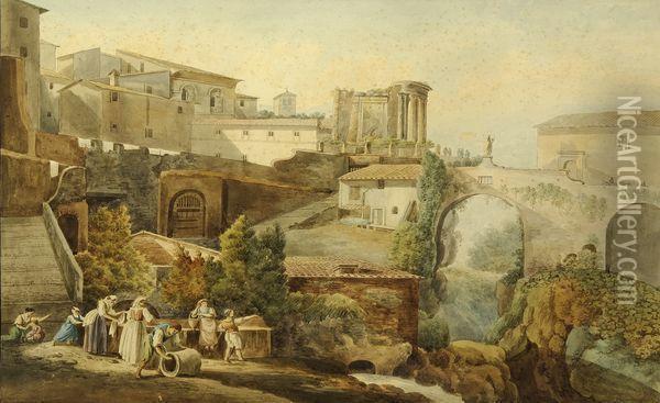 Le Village Et Le Temple De La Sybille A Tivoli Oil Painting - Joseph-Sebastien Constantin