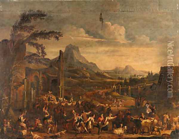 A Market scene with Peasants dancing before ruined Buildings in a mountainous Landscape Oil Painting - Alexander van Bredael