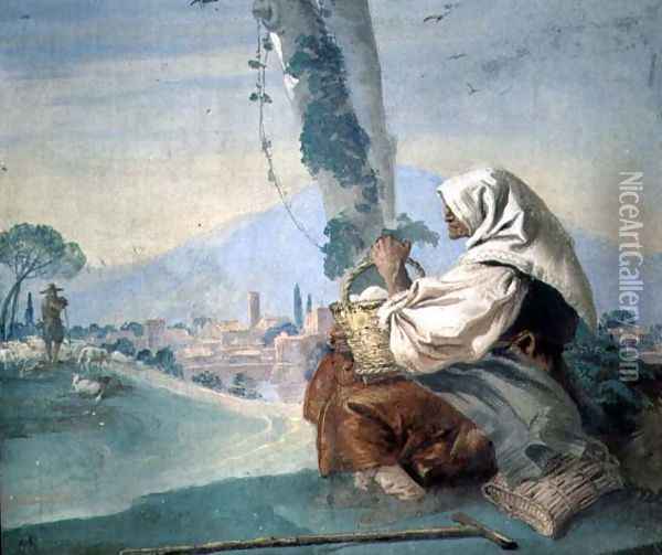 Old Peasant Woman with a Basket of Eggs, from the Foresteria Oil Painting - Giovanni Domenico Tiepolo