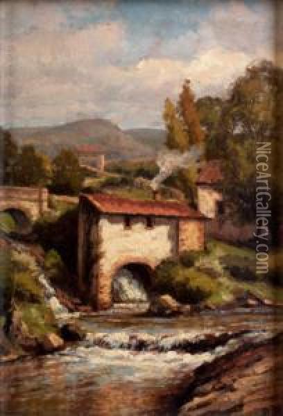 Molino Y Puente De Carretera Oil Painting - Agustin Riancho Y Mora