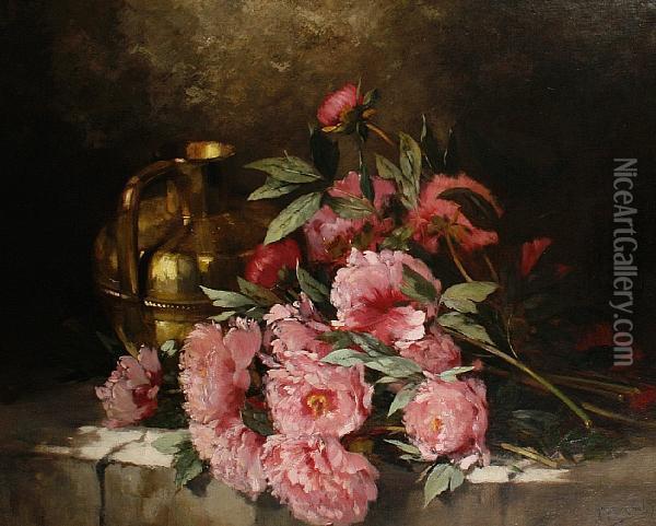 Peonies And A Pitcher On A Ledge Oil Painting - Paul Gagneux