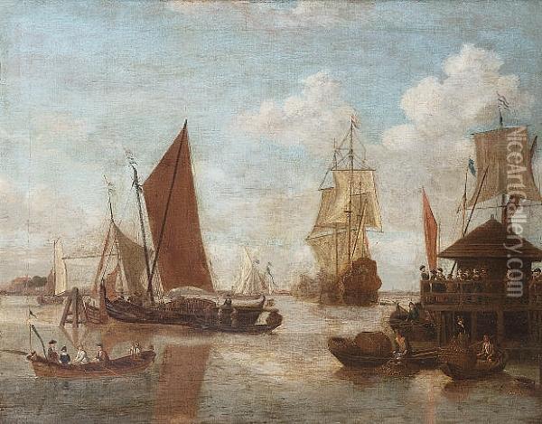 Figures On A Quayside With A Dutch Man O'war, Pinks And Other Vessels On An Estuary Oil Painting - Jacobus Storck