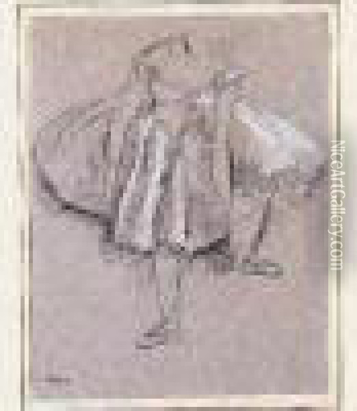 Danseuse Reajustant Son Chaussondessin Au Fusain Rehausse De Pastel Blanc. Oil Painting - Edgar Degas