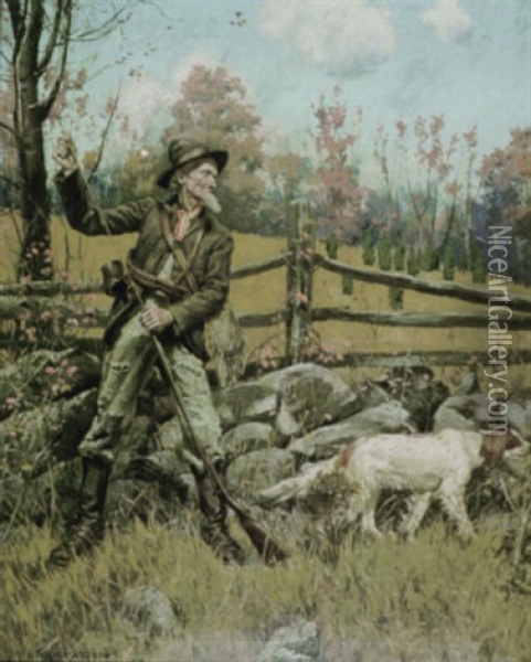 Old Hunter And Dog In Autumnal Landscape Oil Painting - Henry Sumner (HY) Watson