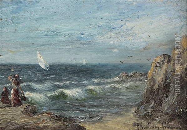 Coastal Scene With Sailboats And Figures Oil Painting - Federico Fernandez Y Gimenez