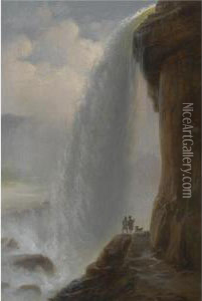 To Maend Med En Hund Ved Niagra Vandfaldet (two Men With A Dog By Niagara Falls) Oil Painting - Ferdinand Reichardt