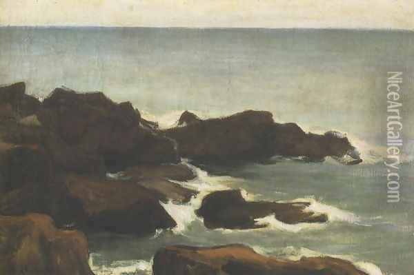 Sea with Lilac Rocks Oil Painting - Wladyslaw Slewinski