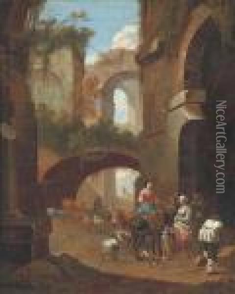 An Architectural Capriccio With Peasants Amongst Ruins Oil Painting - Johan Heinrich Roos