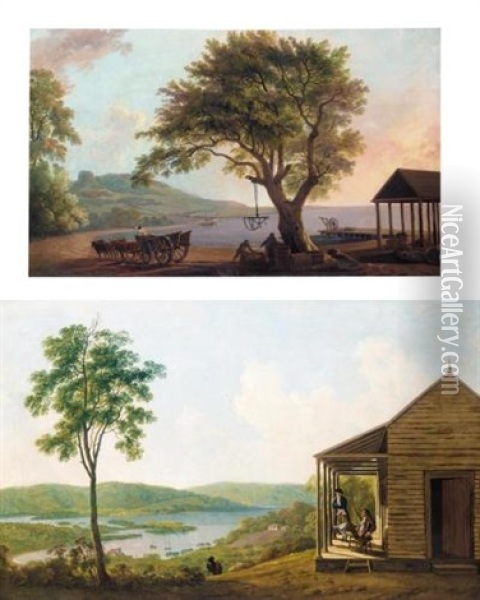 Unloading Cargo By The Shore, At Port Morant, Jamaica (+ Two Gentlemen Surveying Their Estate In Jamaica; 2 Works) Oil Painting - George Robertson