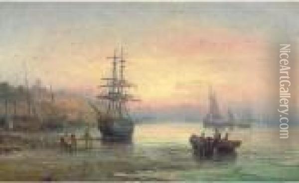 A Beached Brig At Rochester, Dusk Oil Painting - William A. Thornley Or Thornber