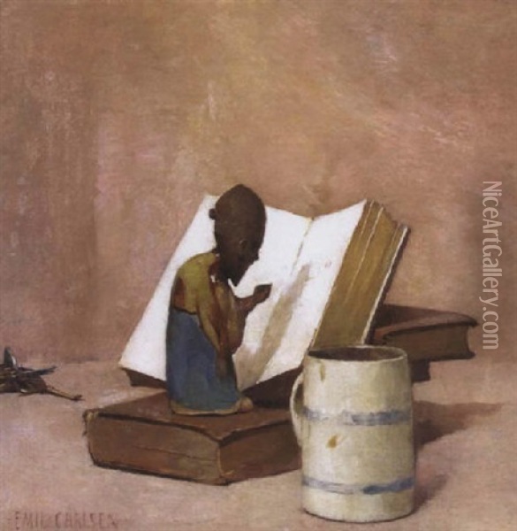 A Still Life With A Figurine, Books, Keys And A Mug Oil Painting - Emil Carlsen
