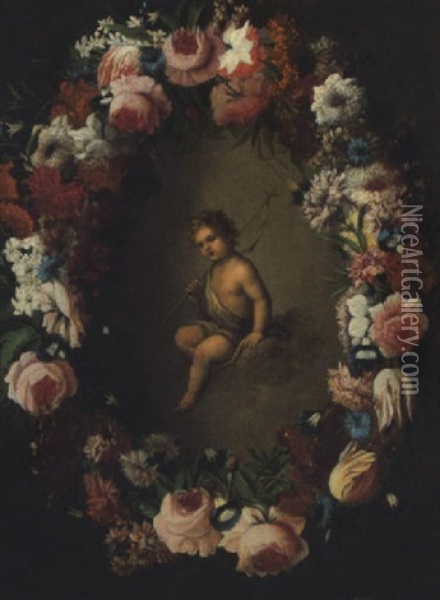 The Infant Saint John The Baptist In A Feigned Cartouche Of Roses, Carnations, Tulips And Other Flowers Oil Painting - Niccolo Stanchi