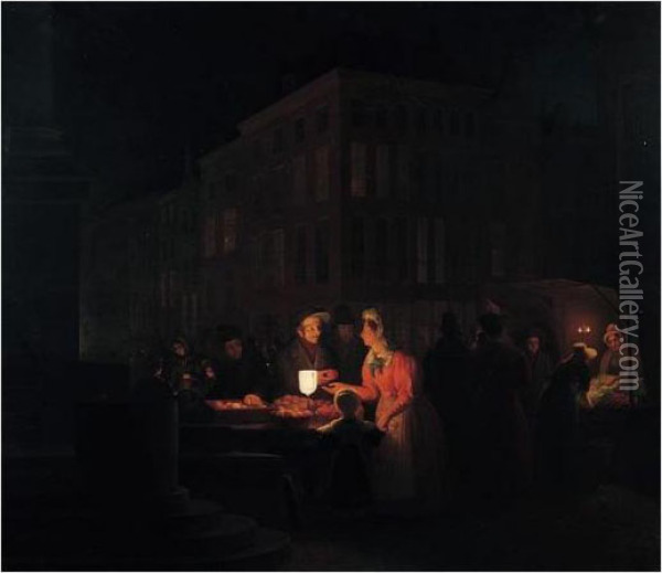 Market By Night Oil Painting - Petrus van Schendel