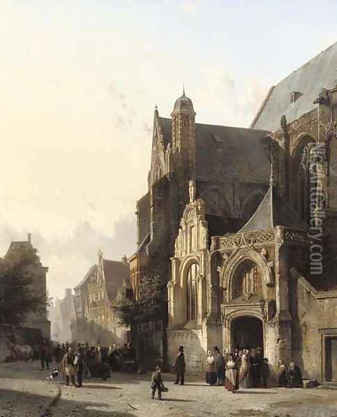 Numerous figures leaving church in a sunlit street Oil Painting - Cornelis Springer
