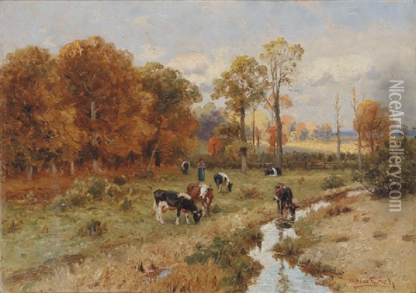 Hirten Mit Kuhen In Herbstlicher Abendlicher Weidelandschaft Oil Painting - Hermann Hartwich