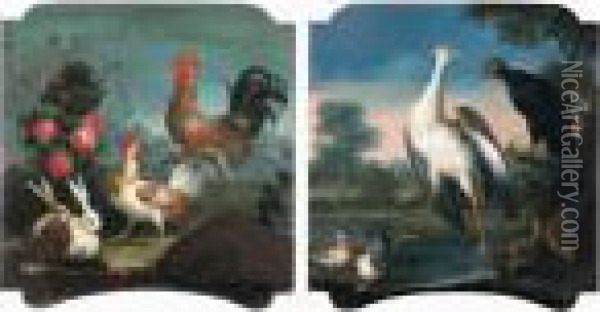Galli E Conigli In Un Paesaggio; Un Airone Ed Uccelli In Un Paesaggio Oil Painting - Michele Antonio Rapous
