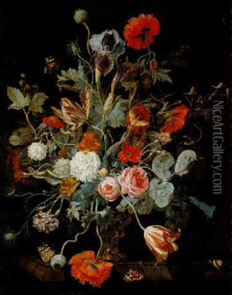 Still Life Of Flowers In A Gilt Vase On A Marble Ledge Oil Painting - Hendrik de Fromantiou