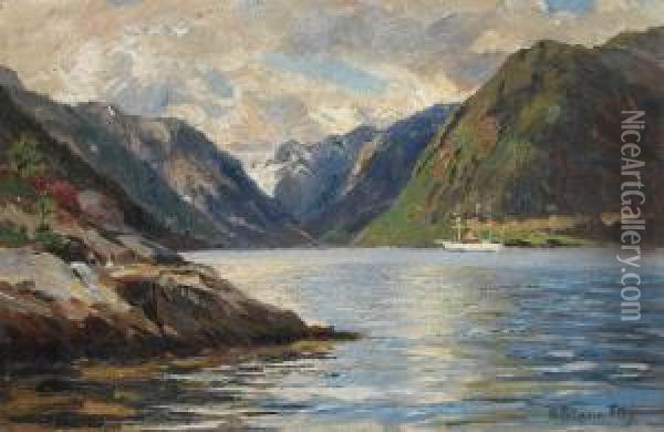 Norwegischer Fjord Mit Weiser Segel-dampfyacht Oil Painting - Heinrich Petersen-Flensburg