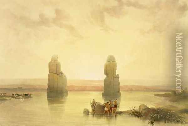 The Colossi of Memnon, at Thebes, during the Inundation, from Egypt and Nubia, Vol.1 Oil Painting - David Roberts