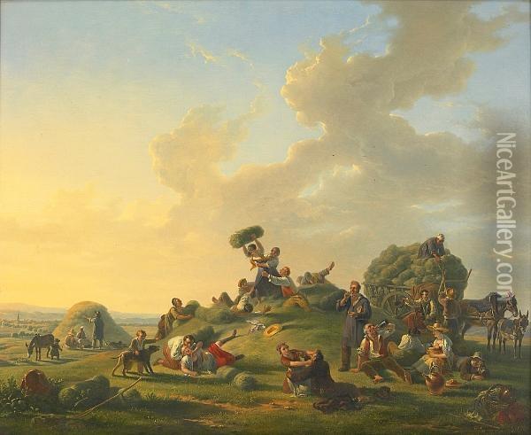 Numerous Figures Merry-making At Harvest Time Oil Painting - Jean Alphonse Roehn