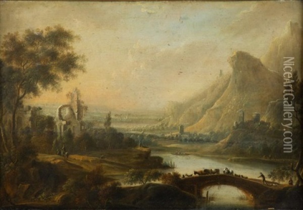 Paysage Panoramique Traverse Par Une Riviere Avec Paysan Et Ses Betes Sur Un Pont Oil Painting - Johann Christian Vollerdt