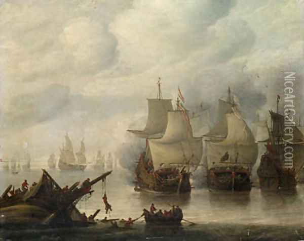 A naval battle between English and Dutch fleets in a calm, sailors abandoning a wreck in the foreground Oil Painting - Hendrick Dubbels