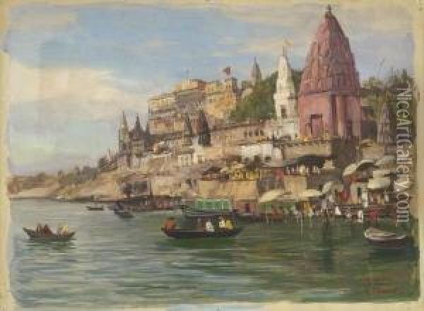 Ansicht Von Benares Am
 Ganges. Oil Painting - Georg Macco