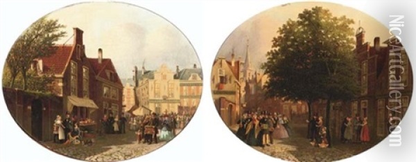 A Lively Market Square (+ A Musical Gathering In Scheveningen; Pair) Oil Painting - Joseph Bles